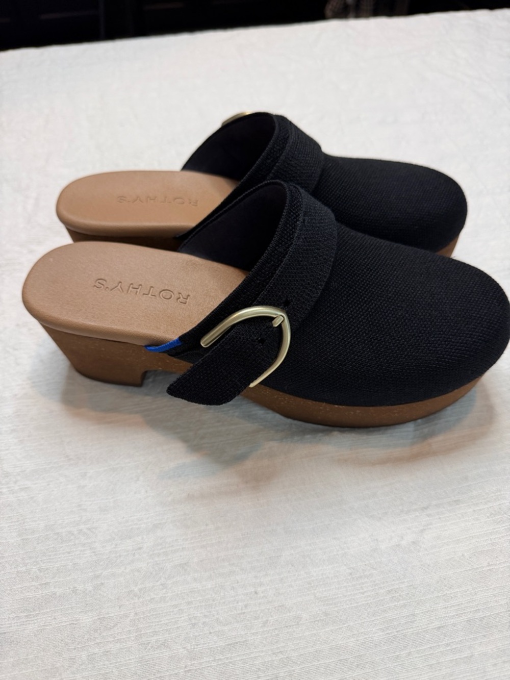 Rothy's Black Knit Mule Clogs with Gold Buckle - Picture 3 of 7
